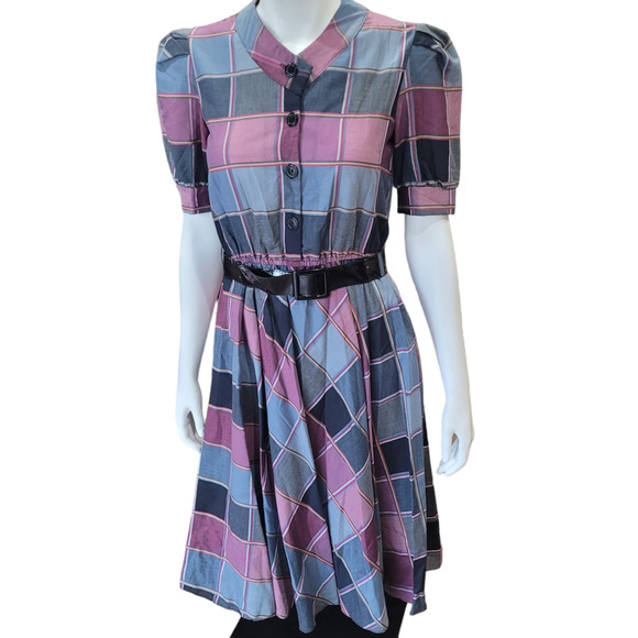 SL Petites Dresses & Skirts - VINTAGE SL Petites 1980's Lavender Gray Plaid Belted Church Midi Dress Sz. 10